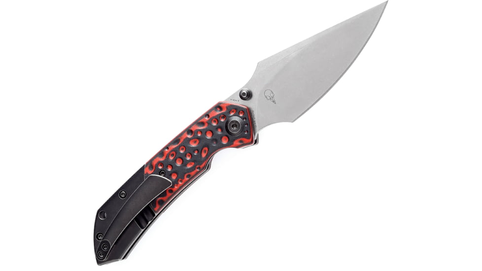 Kansept Knives Fenrir Red Left Folding Knife, 4.5in Closed, 3.5in Stonewash CPM S35VN SS Blade, Black Stonewash Titanium Handle w/ Black/Red G10 Inlay, Left Handed Version, Black Nylon Pouch, K1034L2