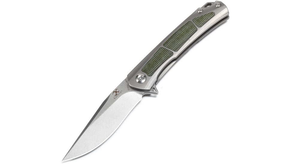 Kansept Knives Gremlin Framelock Green Folding Knife, 3 stonewash finish CPM S35VN stainless clip point, Gray titanium handle with green micarta inlay, K2003A1