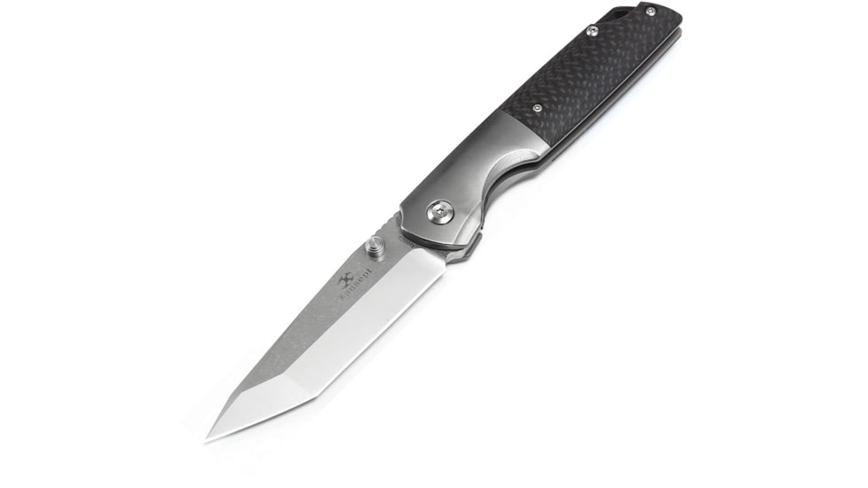 Kansept Knives Warrior Framelock Folding Knife, 3.5 stonewash and satin finish CPM S35VN stainles, Gray titanium handle with carbon fiber inlay, K1005T2