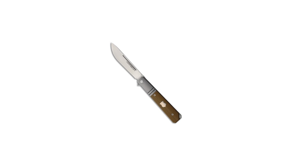 Karbon Knives Karbon Knives Flatline Frame Lock Knife Tan G-10 3" Satin 154CM, Gray/Tan, 154CM, adult, BHQ-192766