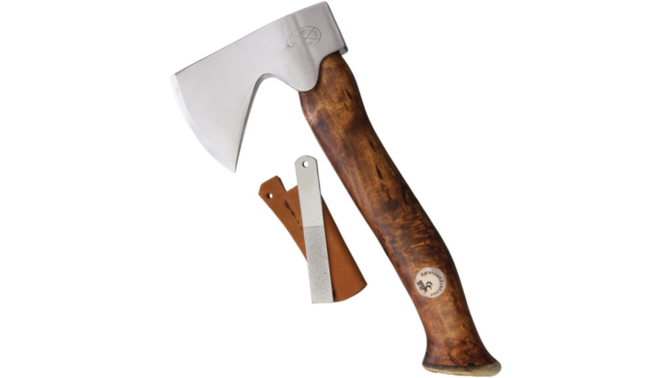 Karesuando Vuogas Axe, 10.25in Overall, 4.88in Satin SS Axe Head With 3in Cutting Edge, Oiled Curly Birch Handle, Black Leather Belt Sheath, Brown Leather Sheath, Gift Boxed, 4042