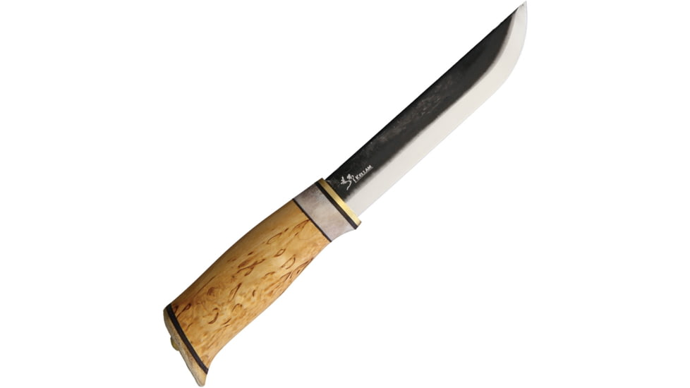 Kellam Arctic Hunter Knife, 5.75 carbon steel blade, Curly birch and reindeer antler handle with leathe, A8214