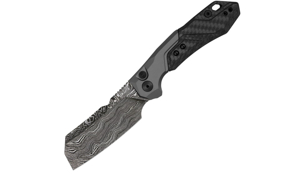 Kershaw Launch 14 Automatic Folding Knife, 4.38in Closed, 3.38in Damascus Steel Cleaver Style Blade, Gray Anodized Aluminum Handle, 7850BLKDAM