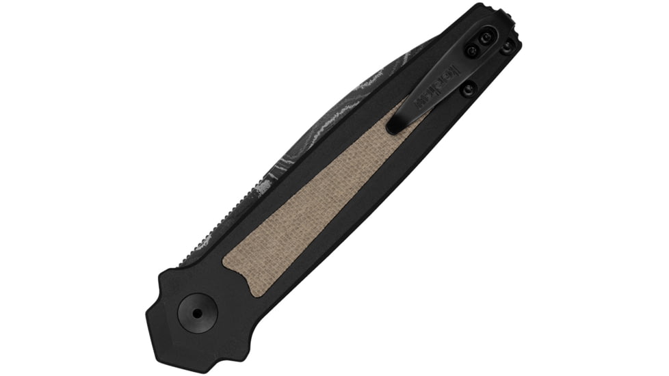 Kershaw Auto Launch 15 Button Lock Automatic Folding Knife, 3.5 in, Damascus Steel, Spear Point Blade, Aluminum, Tan/Black Handle, 7950DAM