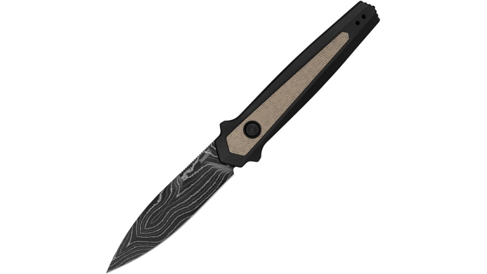 Kershaw Auto Launch 15 Button Lock Automatic Folding Knife, 3.5 in, Damascus Steel, Spear Point Blade, Aluminum, Tan/Black Handle, 7950DAM