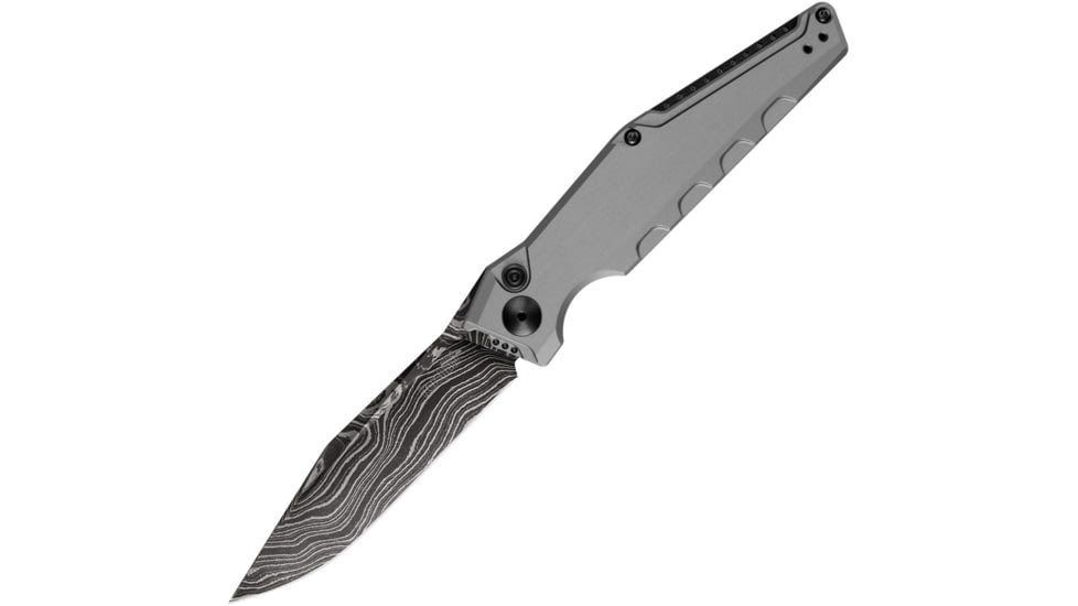 Kershaw Auto Launch 7 Button Lock Automatic Folding Knife, 3.75in, CPM 154, Drop Point Blade, Damascus Steel, Gray Anodized Aluminum Handle, 7900GRYDAM