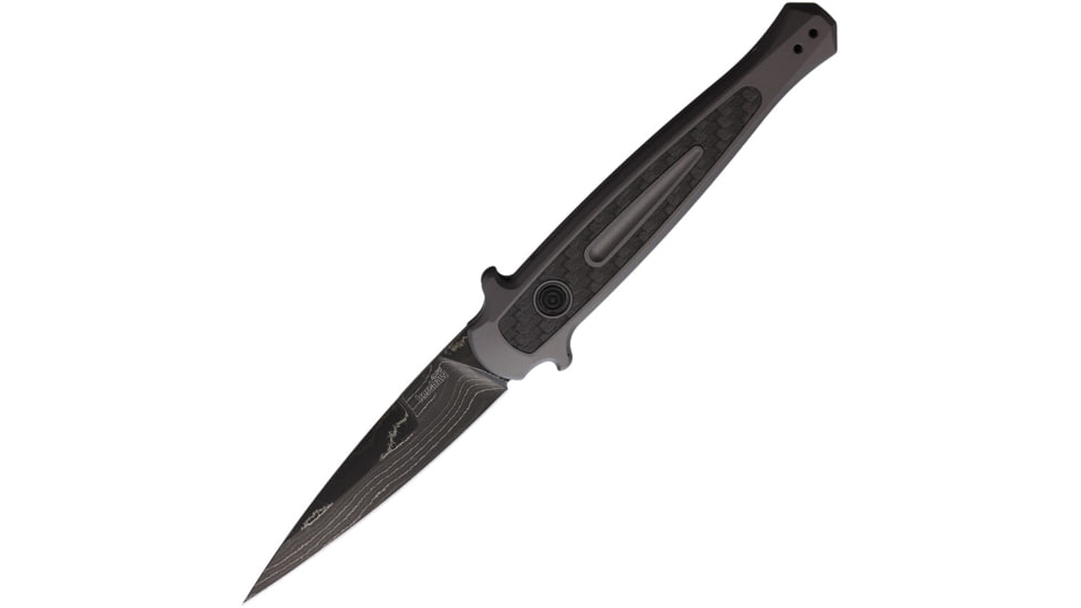 Kershaw Auto Launch 8 Button Lock Automatic Folding Knife, 3.5in, CPM 154, Spear Point Blade, Damascus Steel, Black Anodized Aluminum Handle, 7150DAM
