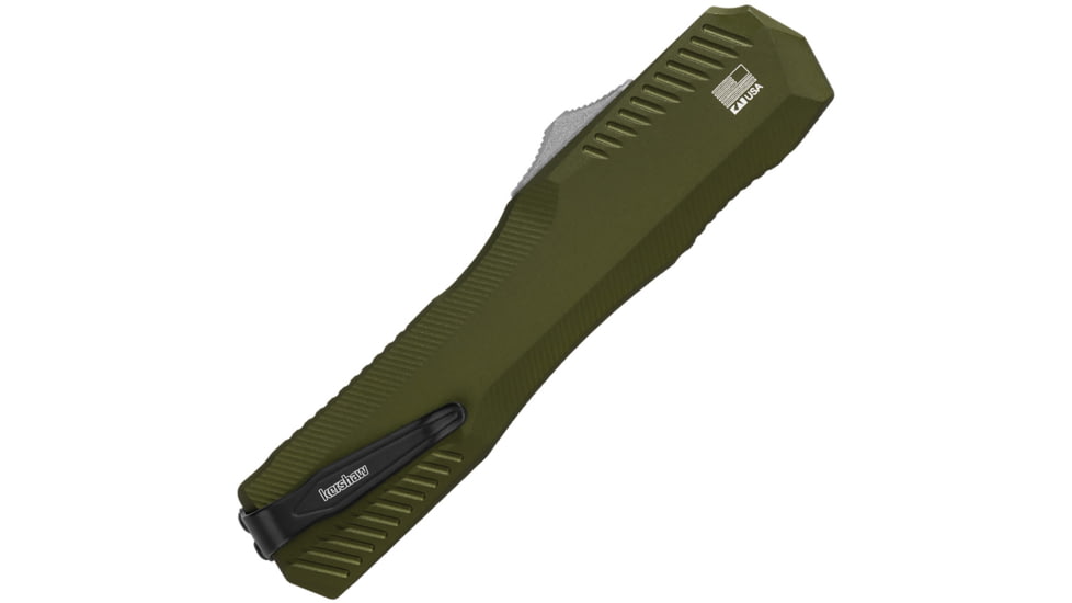 Kershaw Livewire OTF 3.3in Automatic Folding Knife by Matt Diskin, 3.3in, CPM MagnaCut Stonewash Spear Point Blade, Olive Green Aluminum Handle, 9000OL