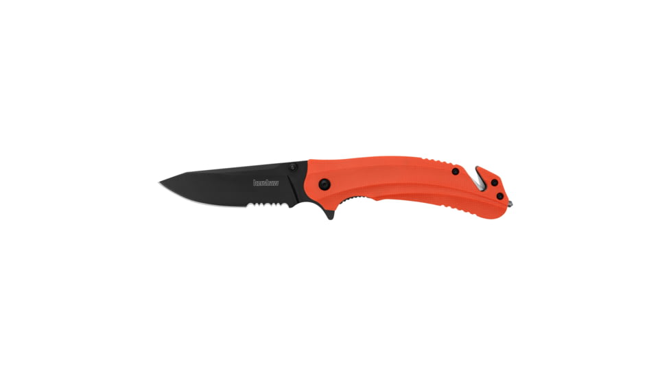 Kershaw Barricade, Folding Knife, Assisted Opening, 3.5" Drop Point Blade, Partially Serrated, 8Cr13MoV Blade Steel, 8.5" Overall Length, Liner Lock, Black Oxide Finish, Black Blade, Orange Glass Filled Nylon Handle, 8650ST