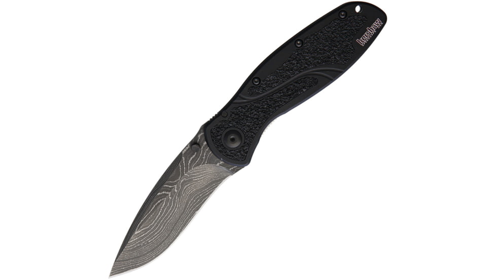 Kershaw Blur Linerlock A/O Blk Dam Folding Knife, 3.5 Damascus steel blade, Black anodized aluminum handle with black Trac-Tec, 1670BLKDAM