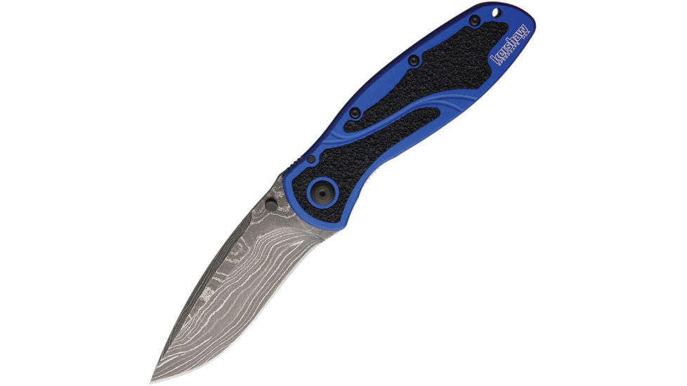 Kershaw Blur Assisted Opening Folding Knife, 3.4in, Damascus, Drop Point, Blue Anodized Aluminum with Black Trac-Tec Handle, 1670NBDAM