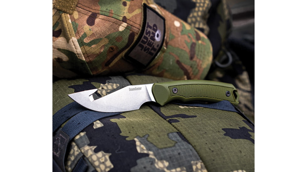 Kershaw Deschutes Guthook Skinner Knife, 8.63in Overall, 4in Stonewash D2 Tool Steel Guthook Blade, Green Polypropylene Handle, Injection Molded Belt Sheath, 1883GH