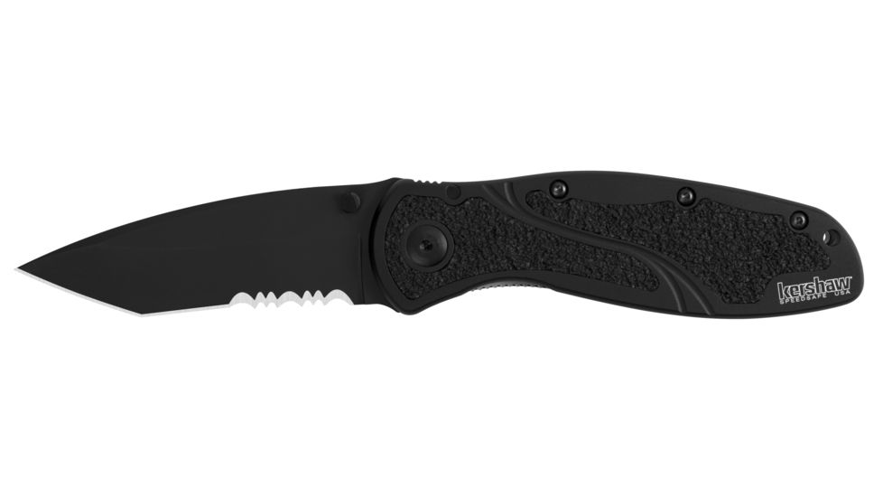 Kershaw Blur Assisted Opening Folding Knife, 3.4 in, 14C28N, Black Serrated ,Tanto Blade, Black 6061-T6 Aluminum/Trac-Tec Handle, 1670TBLKST