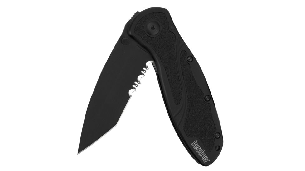Kershaw Blur Assisted Open Folding Knife,3.4in Sandvik 14C28N Black Steel Serrated Blade,6061-T6 Anodized Aluminum Handle w/Trac-Tec Inserts and Glass Breaker