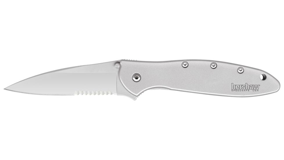 Kershaw Leek Assisted Opening Folding Knife, 3 in, 14C28N, Serrated Drop Point Blade, 410 Stainless Steel, Silver Handle, 1660ST