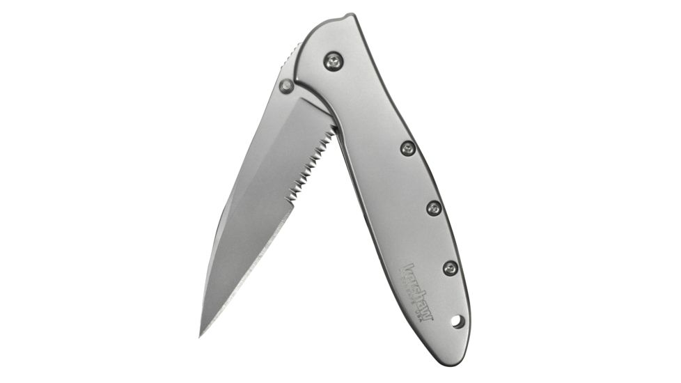 Kershaw Leek Assisted Opening Folding Knife, 3 in, 14C28N, Serrated Drop Point Blade, 410 Stainless Steel, Silver Handle, 1660ST