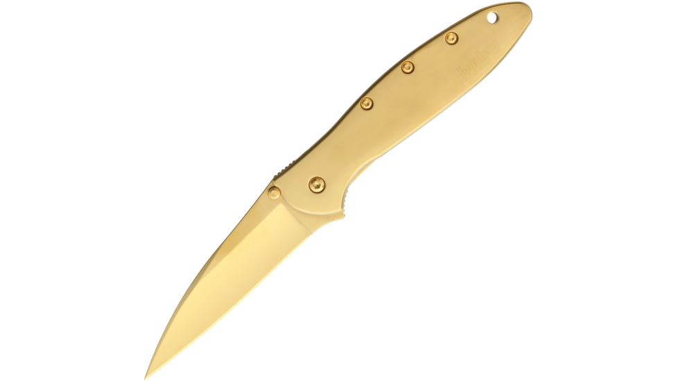 Kershaw Leek Gold Assisted Opening Folding Knife, 3 in, Gold DLC Coated Sandvik 14C28N Steel, Wharncliffe Blade, Stainless Steel, Gold DLC Coated Handle, KS1660G