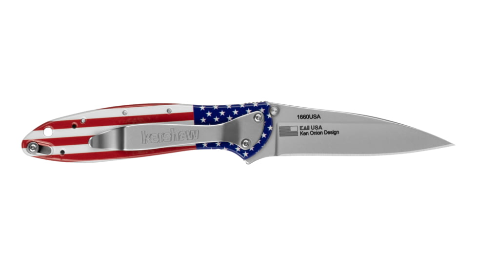Kershaw Leek USA Folding Knife, 3in, 14C28N, Drop Point Blade, 6061-T6 Aluminum, Red/White/Blue Handle, 1660USA
