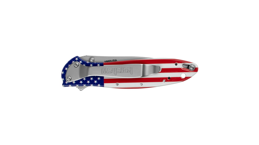 Kershaw Leek, Folding Knife, Assisted Opening, 3 Drop Point Blade, 14C28N Blade Steel, 7 Overall Length, Liner Lock, Bead Blasted Finish, Silver Blade, American Flag Handle, 1660USA