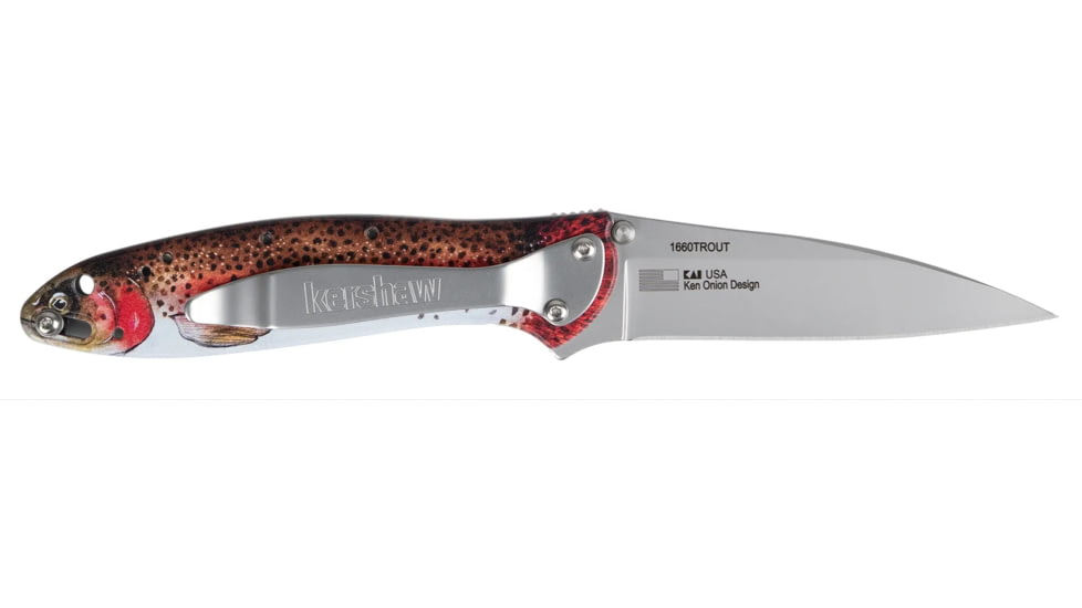 Kershaw Leek Trout EDC 3 Folding Drop Point Plain Bead Blasted 14C28N Steel Blade, Rainbow Trout w/UFI Coating Aluminum Handle, 1660TROUT