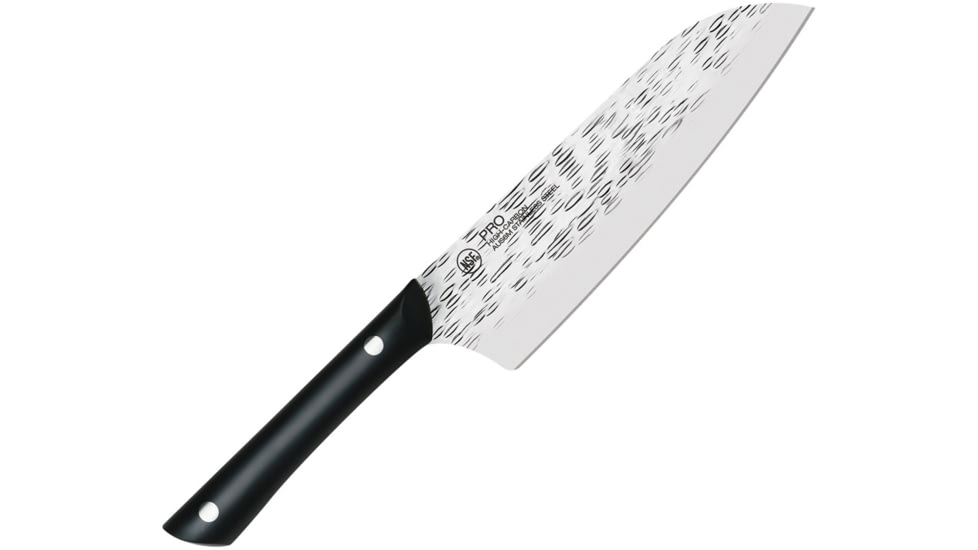 Kershaw Professional Santoku Kitchen Knives, 12.25in Overall, 7in Hammered Finish Aus-6M SS Blade, Black Pom Handle, Full Tang, Black, HT7064
