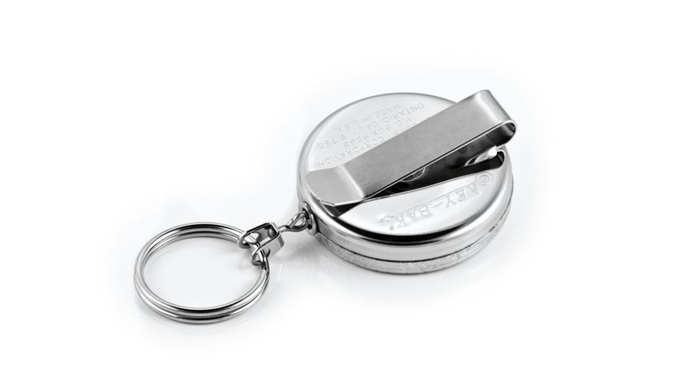 Key-Bak 5 Retractable Reel w/ 24in Stainless Steel Chain, Chrome Front, Steel Belt Clip, Split Ring 0005-011
