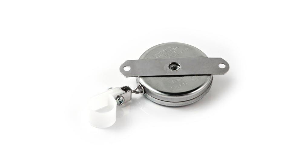 Key-Bak 7LSC Industrial Retractable Reel w/ 24in Stainless Steel Chain, Steel Bracket Mount Back, Chrome Front, Plastic Hose Clamp/Tool Holder 0007-023