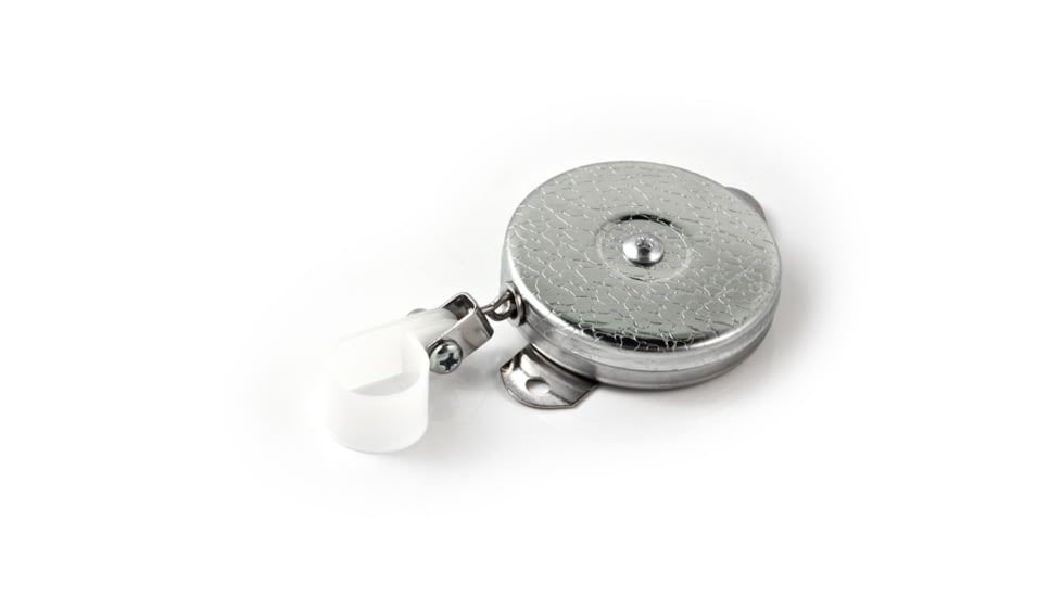 Key-Bak 7LSC Industrial Retractable Reel w/ 24in Stainless Steel Chain, Steel Bracket Mount Back, Chrome Front, Plastic Hose Clamp/Tool Holder 0007-023
