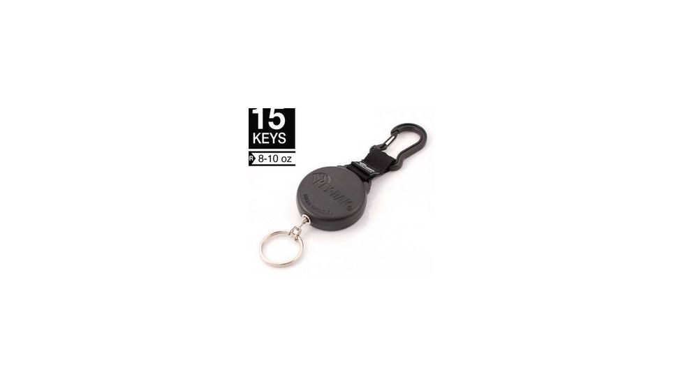 Key-Bak 8 Retractable Reel w/ 24in Stainless Steel Chain, Durable Case, Aluminum Carabineer, Split Ring, Black 0008-003