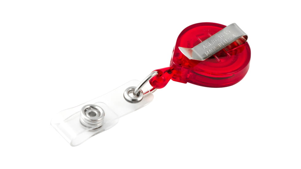 Key-Bak Mini-Bak ID Retractable Reel w/ 36in Nylon Cord, Steel Belt Clip, Vinyl ID Strap, Translucent Red 0219-011