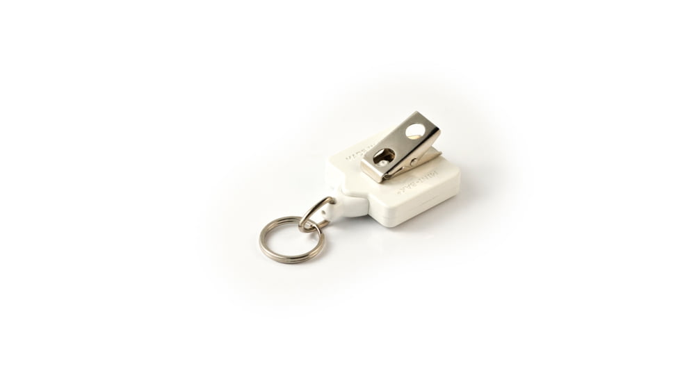 Key-Bak Mini-Bak Square Retractable Reel w/ 36in Nylon Cord, Swivel Bulldog Clip, Split Ring, White 0026-S05