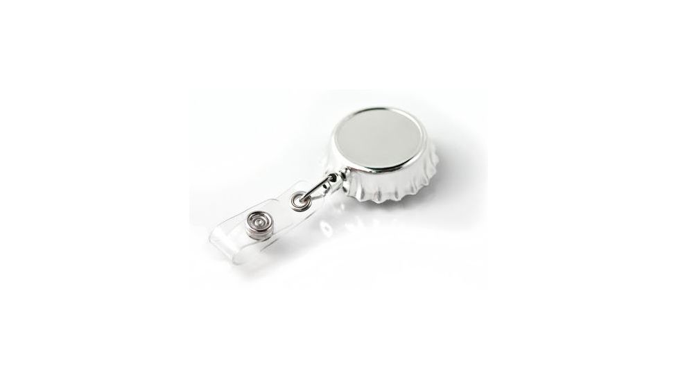 Key-Bak Retract-A-Badge ID BOTTLE CAP Shaped 5-Pack Retractable Reel w/ 36in Cord, Belt Clip Vinyl ID Strap, Chrome 0308-743