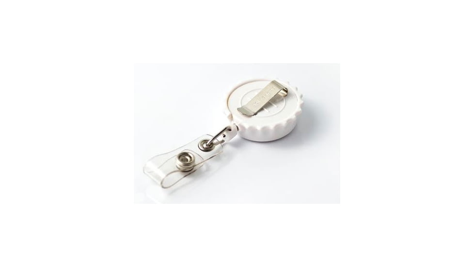 Key-Bak Retract-A-Badge ID BOTTLE CAP Shaped 5-Pack Retractable Reel w/ 36in Cord, Belt Clip, Vinyl ID Strap, White 0308-742