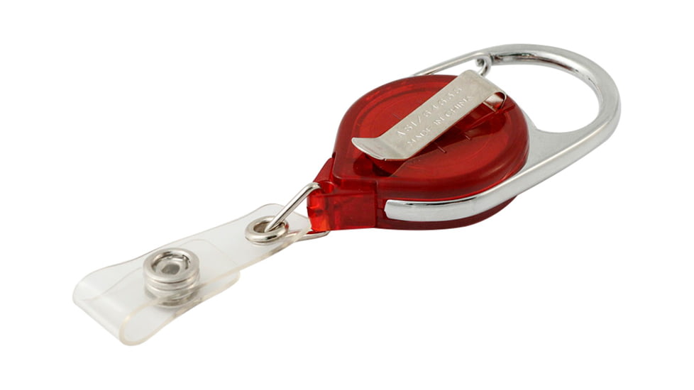 Key-Bak Retract-A-Badge ID Carabiner and Belt Clip 5-PackRetractable Reel w/ 36in Cord, Twist-Free Vinyl ID Strap, Translucent Red 0200-760
