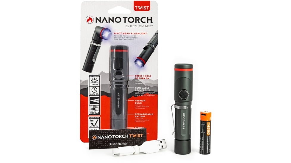 KeySmart Nano Torch Twist Pivot Head Flashlight, 600 Lumens, Black, KS819-BLK