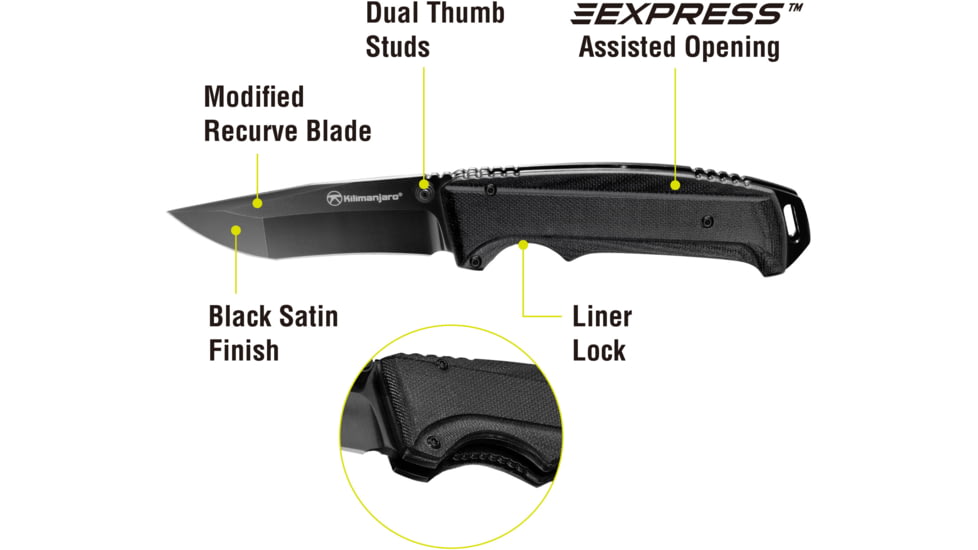 USED Kilimanjaro Gear Allatro Assisted Open Folding Knife,3.6in, Black G10 Handle, Black Plain Blade KJ910117, EDEMO1, Used, Condition Like New, Inspect and Rebox