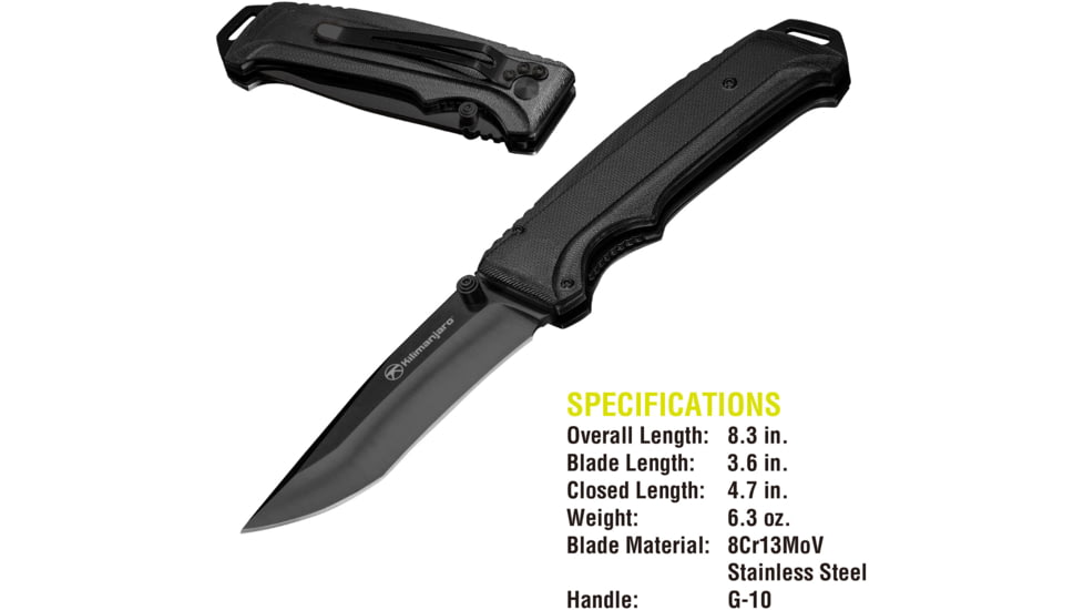 USED Kilimanjaro Gear Allatro Assisted Open Folding Knife,3.6in, Black G10 Handle, Black Plain Blade KJ910117, EDEMO1, Used, Condition Like New, Inspect and Rebox
