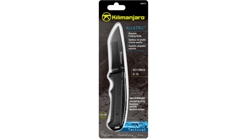USED Kilimanjaro Gear Allatro Assisted Open Folding Knife,3.6in, Black G10 Handle, Black Plain Blade KJ910117, EDEMO1, Used, Condition Like New, Inspect and Rebox