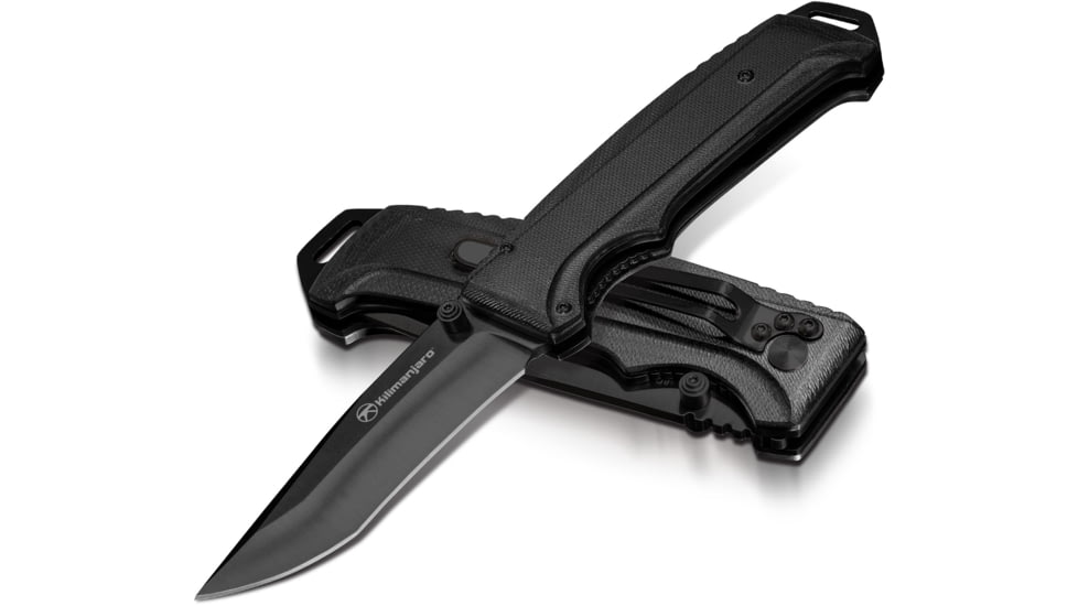 USED Kilimanjaro Gear Allatro Assisted Open Folding Knife,3.6in, Black G10 Handle, Black Plain Blade KJ910117, EDEMO1, Used, Condition Like New, Inspect and Rebox