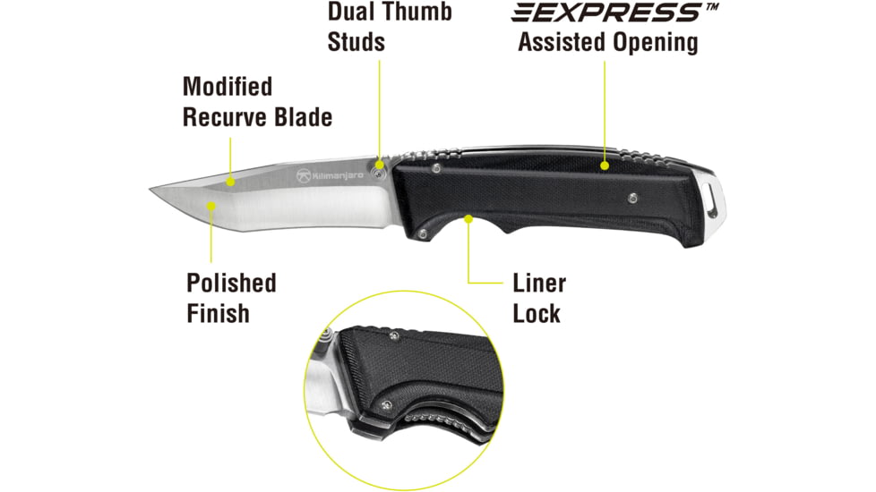 Kilimanjaro Gear Allatro Assisted Open Folding Knife,3.6in, Black G10 Handle,Plain Blade KJ910116