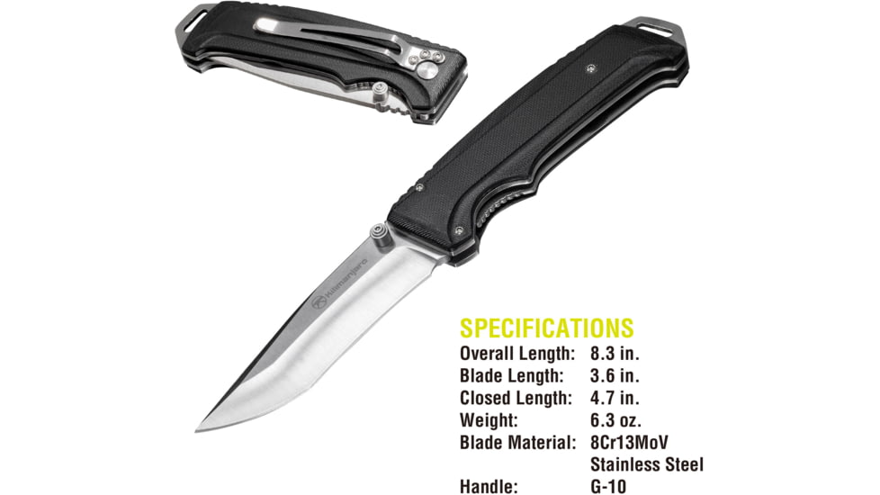 Kilimanjaro Gear Allatro Assisted Open Folding Knife,3.6in, Black G10 Handle,Plain Blade KJ910116