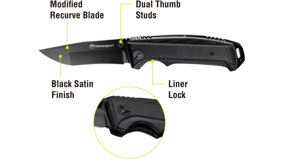 Kilimanjaro Gear Allatro Folding Knife,3.6in, Black G10 Handle, Black Plain Blade KJ910019