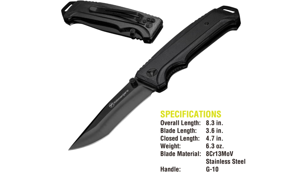 Kilimanjaro Gear Allatro Folding Knife,3.6in, Black G10 Handle, Black Plain Blade KJ910019