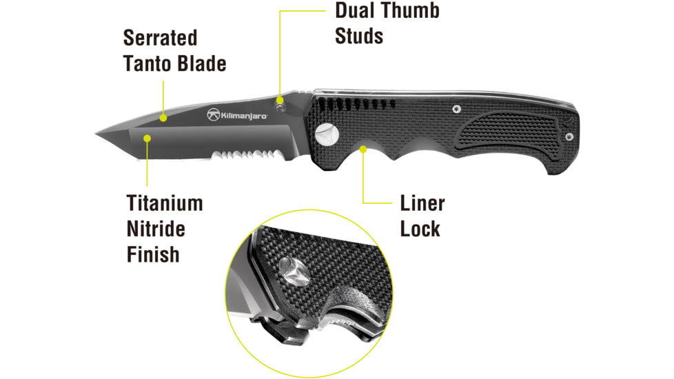 Kilimanjaro Gear Annex Folding Knife,3.5in, Black G10 Handle, Black Tanto ComboEdge Blade KJ910031