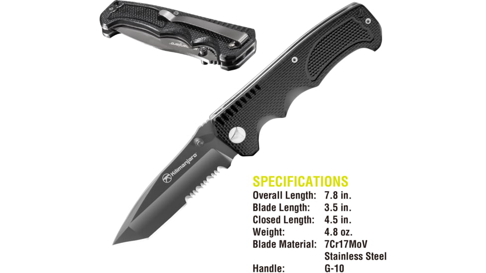 Kilimanjaro Gear Annex Folding Knife,3.5in, Black G10 Handle, Black Tanto ComboEdge Blade KJ910031