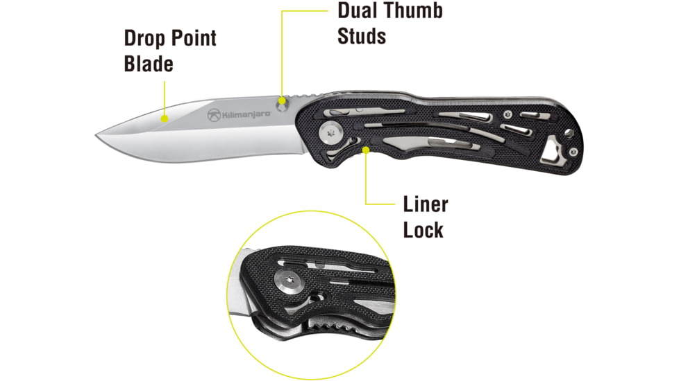 Kilimanjaro Gear Caula Folding Knife,3.4in, Black Skeletonized G10 Handle,Plain Blade KJ910023