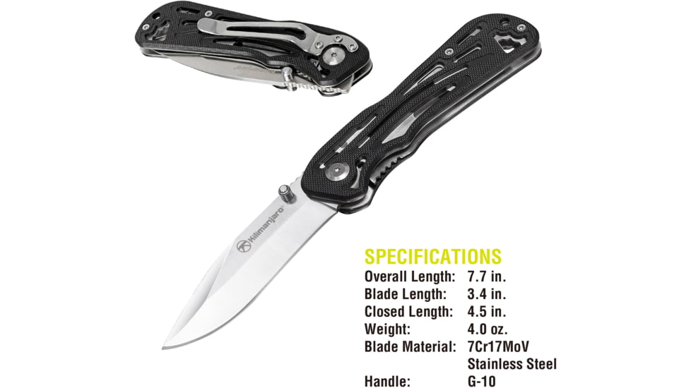 Kilimanjaro Gear Caula Folding Knife,3.4in, Black Skeletonized G10 Handle,Plain Blade KJ910023