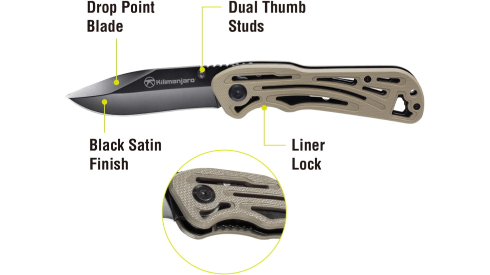 Kilimanjaro Gear Caula Folding Knife,3.4in,Tan Skeletonized G10 Handle, Black Plain Blade KJ910022