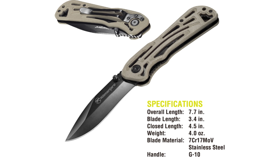 Kilimanjaro Gear Caula Folding Knife,3.4in,Tan Skeletonized G10 Handle, Black Plain Blade KJ910022