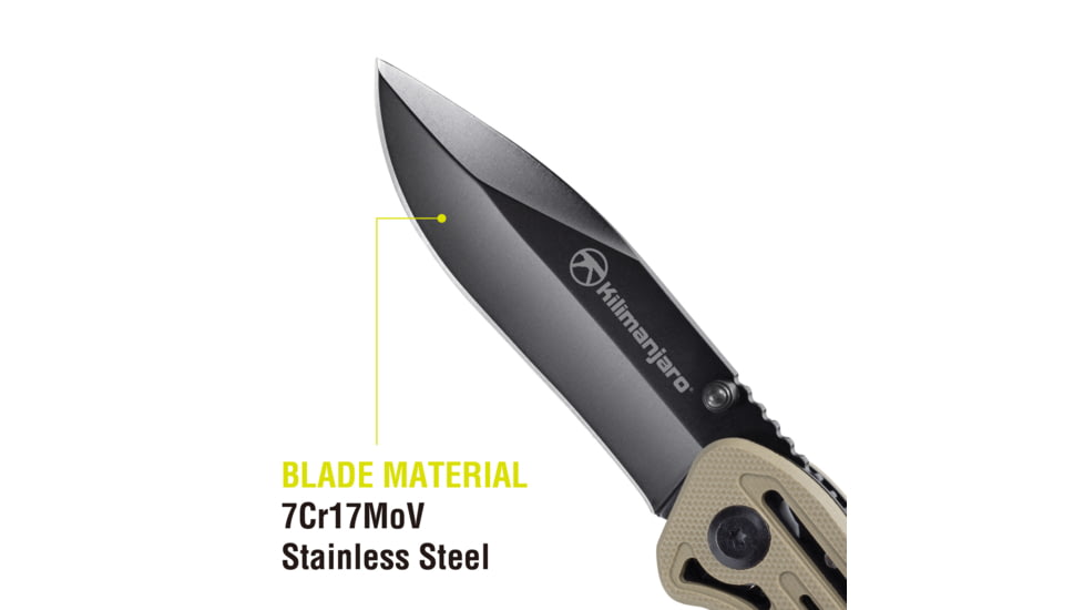 Kilimanjaro Gear Caula Folding Knife,3.4in,Tan Skeletonized G10 Handle, Black Plain Blade KJ910022